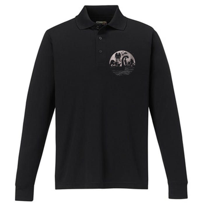 Bigfoot Loch Ness Monster Mothman And Aliens! Funny Cryptid Performance Long Sleeve Polo