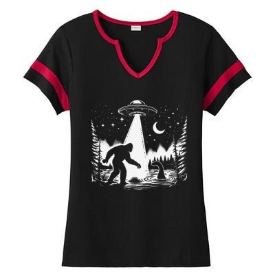 Bigfoot Loch Ness Monster & Ufo Alien Spaceship Ladies Halftime Notch Neck Tee