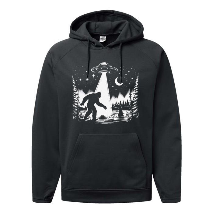 Bigfoot Loch Ness Monster & Ufo Alien Spaceship Performance Fleece Hoodie