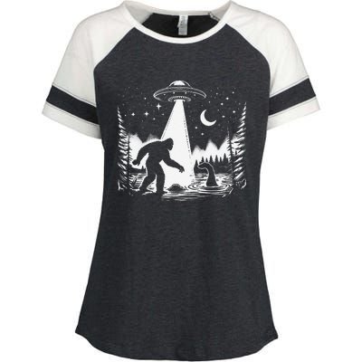 Bigfoot Loch Ness Monster & Ufo Alien Spaceship Enza Ladies Jersey Colorblock Tee