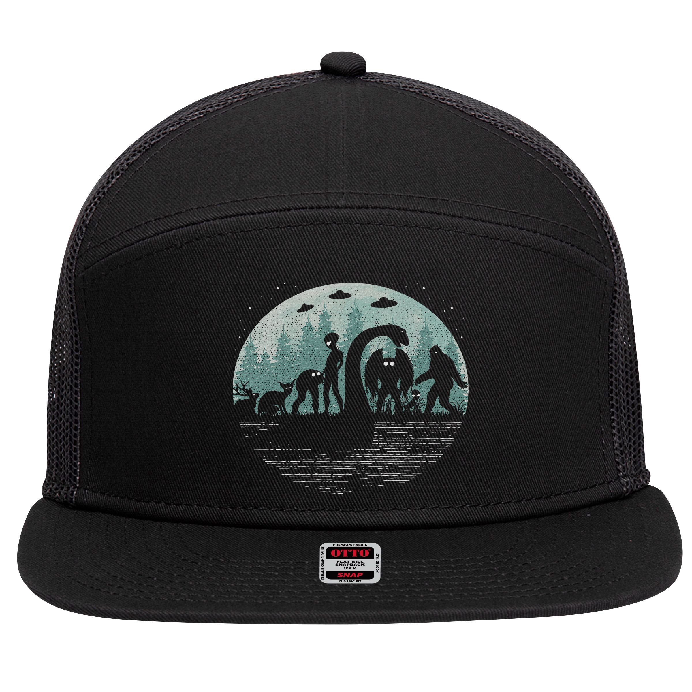 Bigfoot Loch Ness Monster With Mothman Aliens! Funny Cryptid 7 Panel Mesh Trucker Snapback Hat