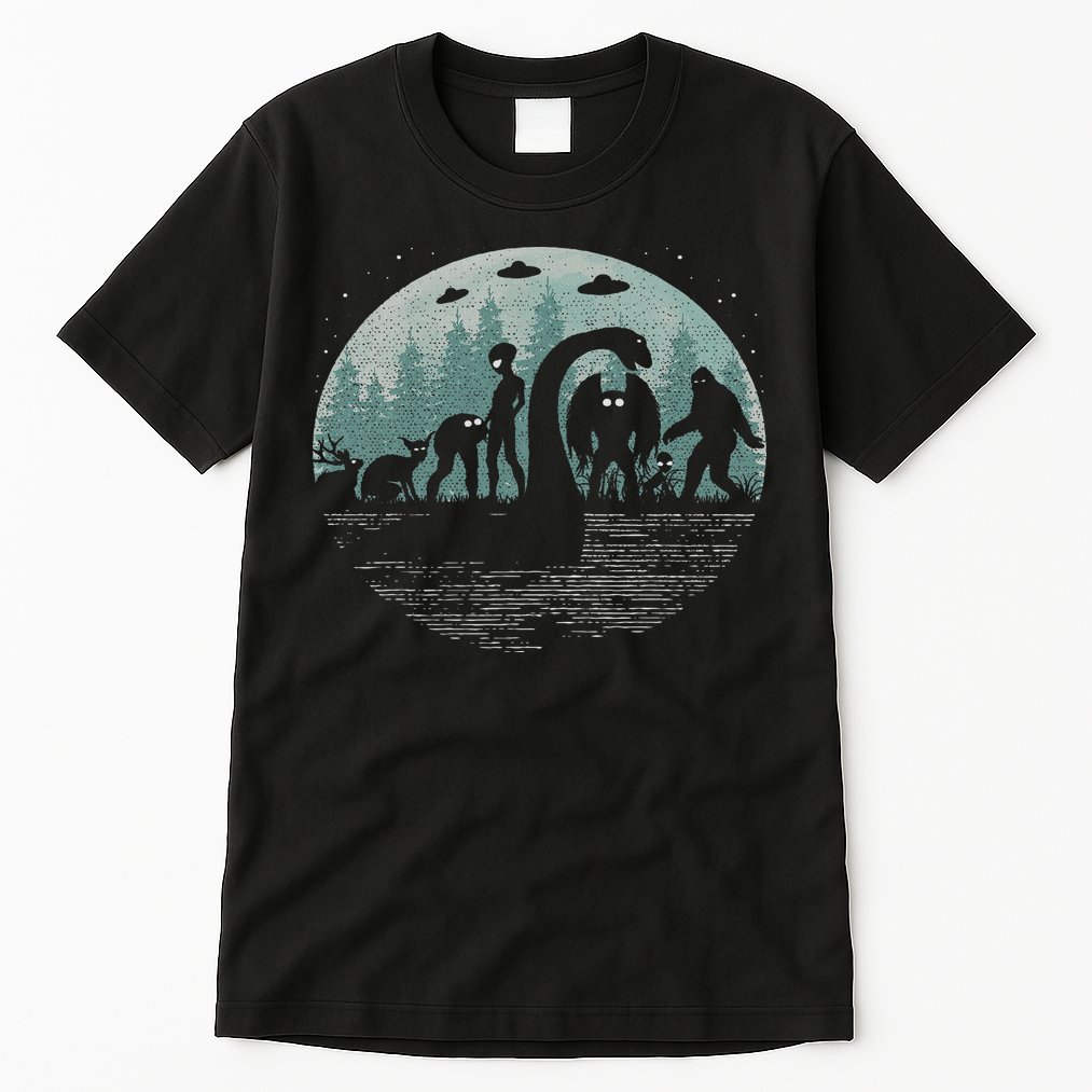 Bigfoot Loch Ness Monster With Mothman Aliens! Funny Cryptid Tall T-Shirt