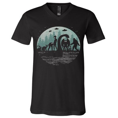 Bigfoot Loch Ness Monster With Mothman Aliens! Funny Cryptid V-Neck T-Shirt