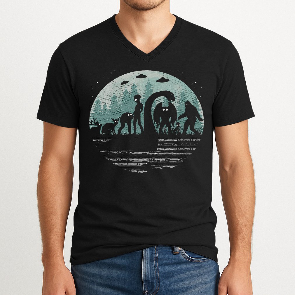Bigfoot Loch Ness Monster With Mothman Aliens! Funny Cryptid V-Neck T-Shirt