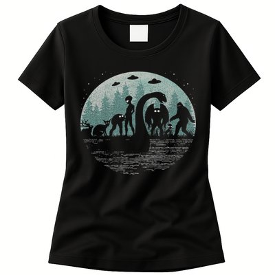 Bigfoot Loch Ness Monster With Mothman Aliens! Funny Cryptid Womens T-Shirt