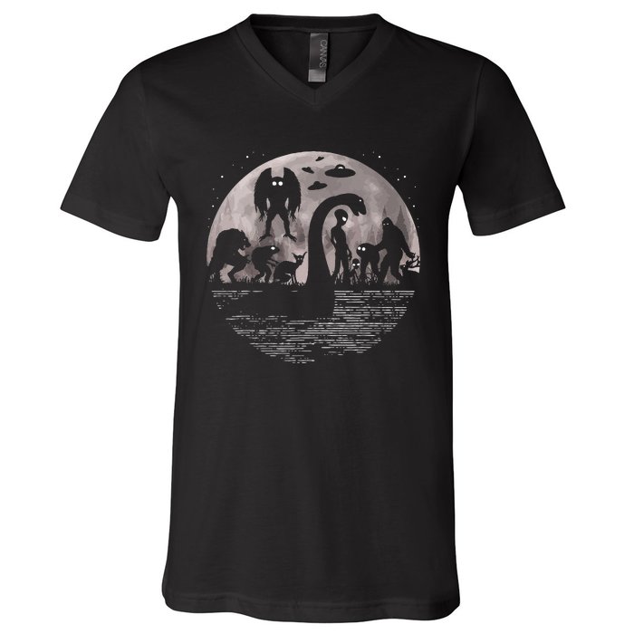 Bigfoot Loch Ness Monster Mothman And Aliens! Funny Cryptid V-Neck T-Shirt