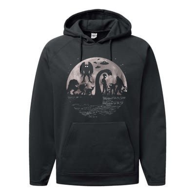 Bigfoot Loch Ness Monster Mothman And Aliens! Funny Cryptid Performance Fleece Hoodie