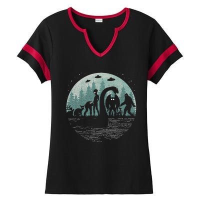 Bigfoot Loch Ness Monster With Mothman Aliens! Funny Cryptid Ladies Halftime Notch Neck Tee