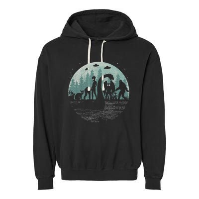 Bigfoot Loch Ness Monster With Mothman Aliens! Funny Cryptid Garment-Dyed Fleece Hoodie