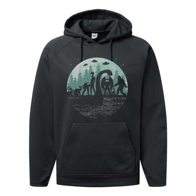 Bigfoot Loch Ness Monster With Mothman Aliens! Funny Cryptid Performance Fleece Hoodie