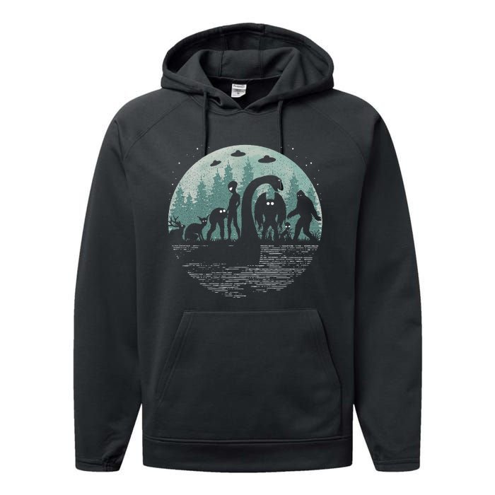 Bigfoot Loch Ness Monster With Mothman Aliens! Funny Cryptid Performance Fleece Hoodie