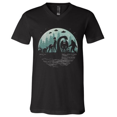 Bigfoot Loch Ness Monster With Mothman Aliens! Funny Cryptid V-Neck T-Shirt