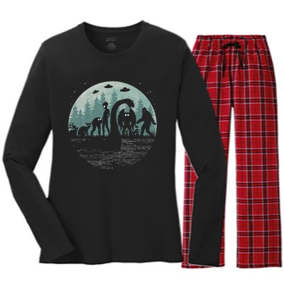 Bigfoot Loch Ness Monster With Mothman Aliens! Funny Cryptid Women's Long Sleeve Flannel Pajama Set 