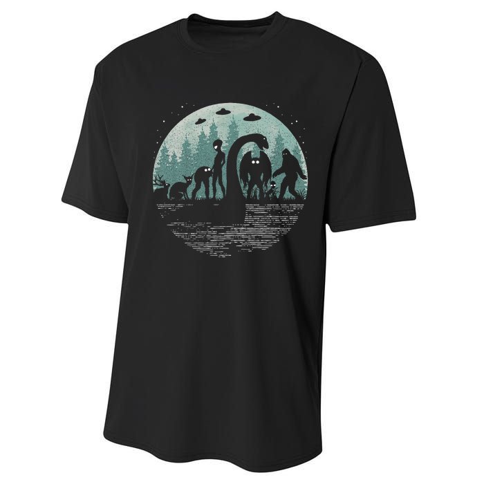 Bigfoot Loch Ness Monster With Mothman Aliens! Funny Cryptid Performance Sprint T-Shirt