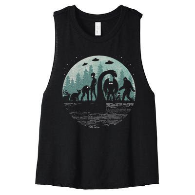 Bigfoot Loch Ness Monster With Mothman Aliens! Funny Cryptid Women's Racerback Cropped Tank