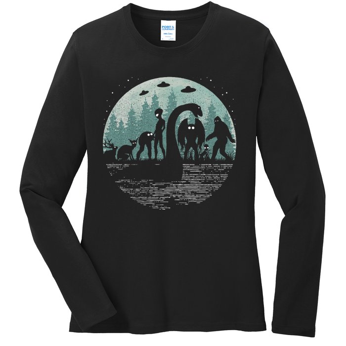 Bigfoot Loch Ness Monster With Mothman Aliens! Funny Cryptid Ladies Long Sleeve Shirt