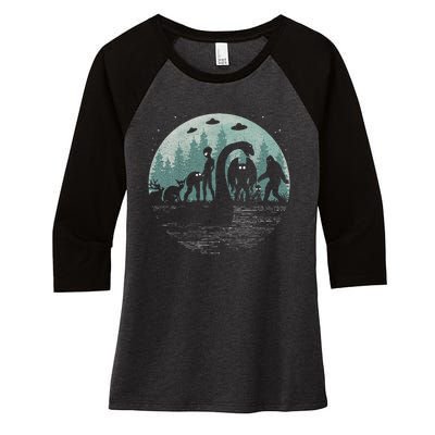 Bigfoot Loch Ness Monster With Mothman Aliens! Funny Cryptid Women's Tri-Blend 3/4-Sleeve Raglan Shirt