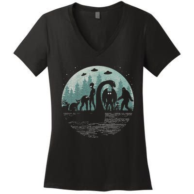 Bigfoot Loch Ness Monster With Mothman Aliens! Funny Cryptid Women's V-Neck T-Shirt