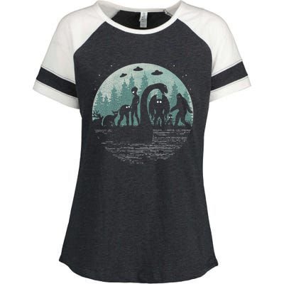 Bigfoot Loch Ness Monster With Mothman Aliens! Funny Cryptid Enza Ladies Jersey Colorblock Tee