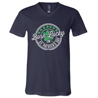 Born Lucky On St Patricks Day For Birthday Party V-Neck T-Shirt