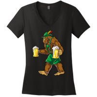 Bigfoot Lederhosen Oktoberfest Prost Beer Mug Women's V-Neck T-Shirt