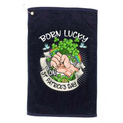 Born Lucky On St Patricks Day Funny Irish Shamrock Clovers Premium Platinum Collection Golf Towel