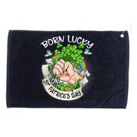 Born Lucky On St Patricks Day Funny Irish Shamrock Clovers Premium Grommeted Golf Towel