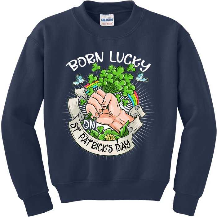 Born Lucky On St Patricks Day Funny Irish Shamrock Clovers Premium Kids Sweatshirt