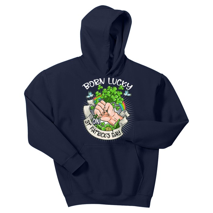 Born Lucky On St Patricks Day Funny Irish Shamrock Clovers Premium Kids Hoodie