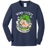 Born Lucky On St Patricks Day Funny Irish Shamrock Clovers Premium Kids Long Sleeve Shirt