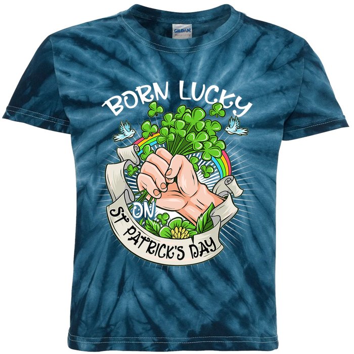 Born Lucky On St Patricks Day Funny Irish Shamrock Clovers Premium Kids Tie-Dye T-Shirt