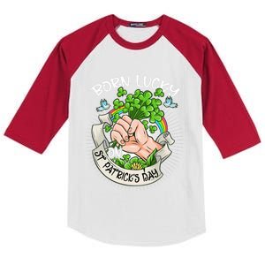 Born Lucky On St Patricks Day Funny Irish Shamrock Clovers Premium Kids Colorblock Raglan Jersey