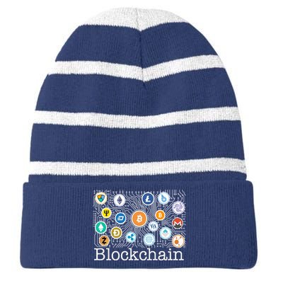 Blockchain Cryptocurrency Logos Striped Beanie with Solid Band