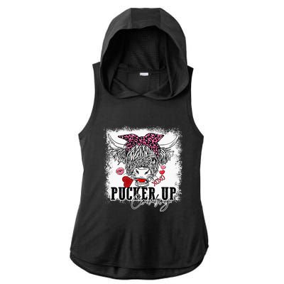 Bleached Leopard Pucker Up Cow Highland Cow Valentines Ladies PosiCharge Tri-Blend Wicking Draft Hoodie Tank