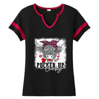 Bleached Leopard Pucker Up Cow Highland Cow Valentines Ladies Halftime Notch Neck Tee