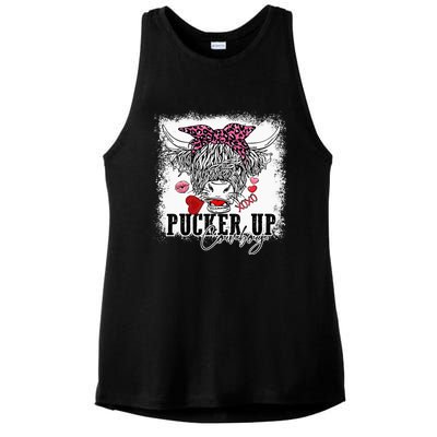 Bleached Leopard Pucker Up Cow Highland Cow Valentines Ladies PosiCharge Tri-Blend Wicking Tank