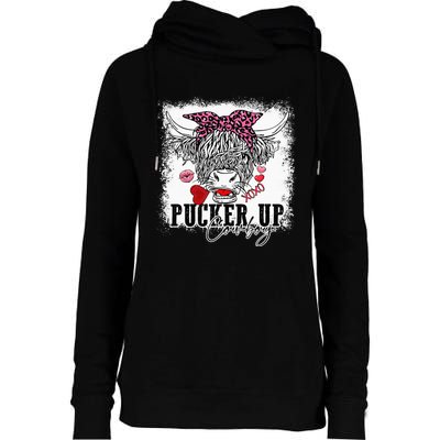 Bleached Leopard Pucker Up Cow Highland Cow Valentines Womens Funnel Neck Pullover Hood