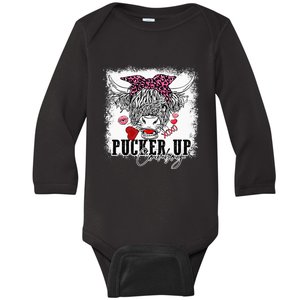 Bleached Leopard Pucker Up Cow Highland Cow Valentines Baby Long Sleeve Bodysuit