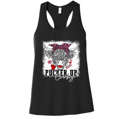 Bleached Leopard Pucker Up Cow Highland Cow Valentines Women's Racerback Tank