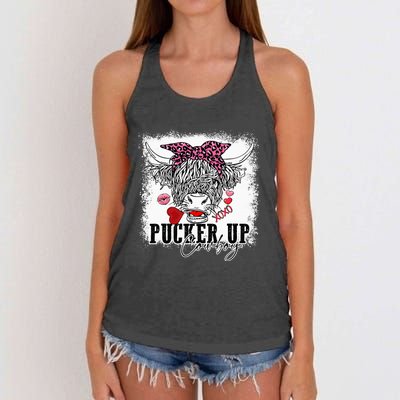 Bleached Leopard Pucker Up Cow Highland Cow Valentines Women's Knotted Racerback Tank