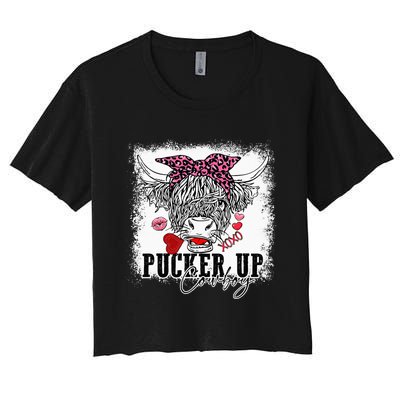 Bleached Leopard Pucker Up Cow Highland Cow Valentines Women's Crop Top Tee