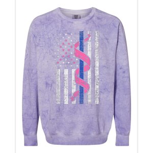 Blue Line Police Us Flag Pink Ribbon Breast Cancer Awareness Colorblast Crewneck Sweatshirt