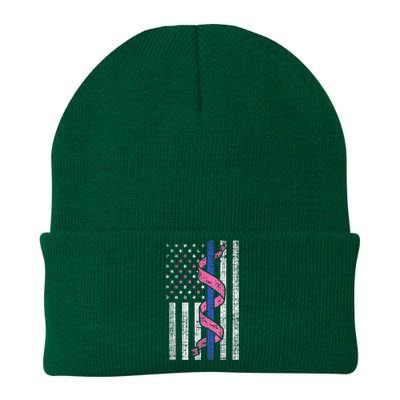 Blue Line Police Us Flag Pink Ribbon Breast Cancer Awareness Knit Cap Winter Beanie