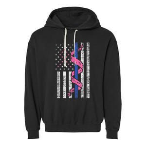 Blue Line Police Us Flag Pink Ribbon Breast Cancer Awareness Garment-Dyed Fleece Hoodie