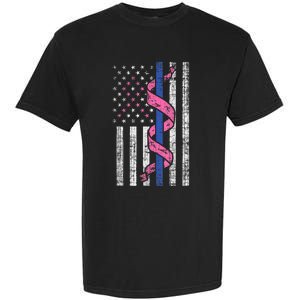 Blue Line Police Us Flag Pink Ribbon Breast Cancer Awareness Garment-Dyed Heavyweight T-Shirt