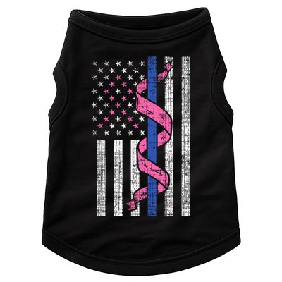 Blue Line Police Us Flag Pink Ribbon Breast Cancer Awareness Doggie Tank
