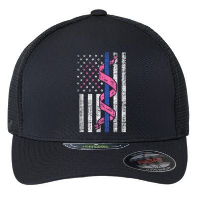 Blue Line Police Us Flag Pink Ribbon Breast Cancer Awareness Flexfit Unipanel Trucker Cap