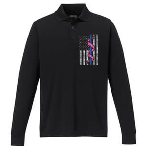 Blue Line Police Us Flag Pink Ribbon Breast Cancer Awareness Performance Long Sleeve Polo