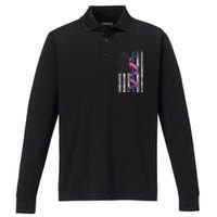 Blue Line Police Us Flag Pink Ribbon Breast Cancer Awareness Performance Long Sleeve Polo