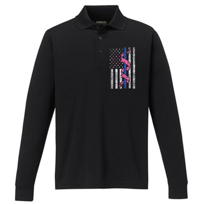 Blue Line Police Us Flag Pink Ribbon Breast Cancer Awareness Performance Long Sleeve Polo